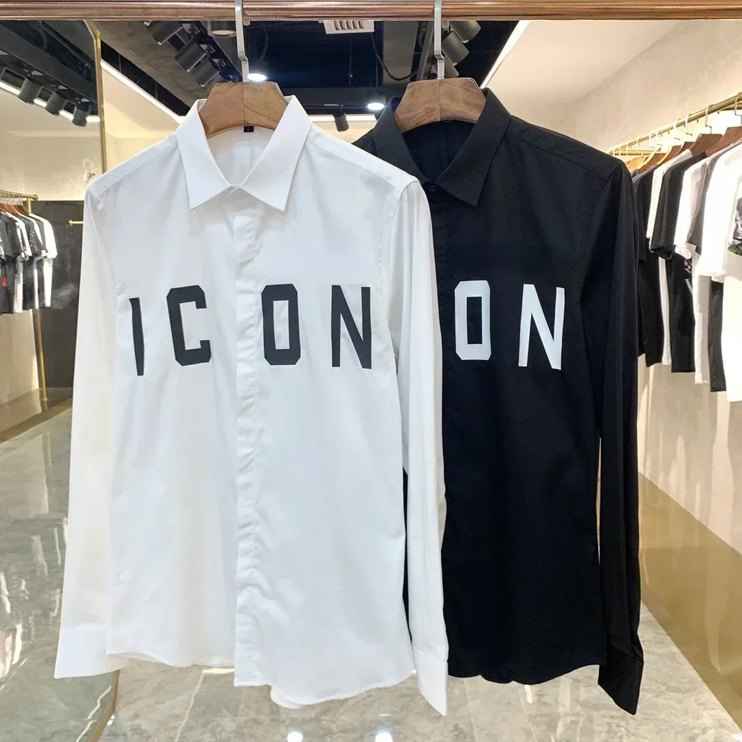 Men Shirt Spring ICON Long Sleeve icon Print Social Dress Causal Button Slim fit Shirt Men Brand Clothing Social Shirts M-XXXL