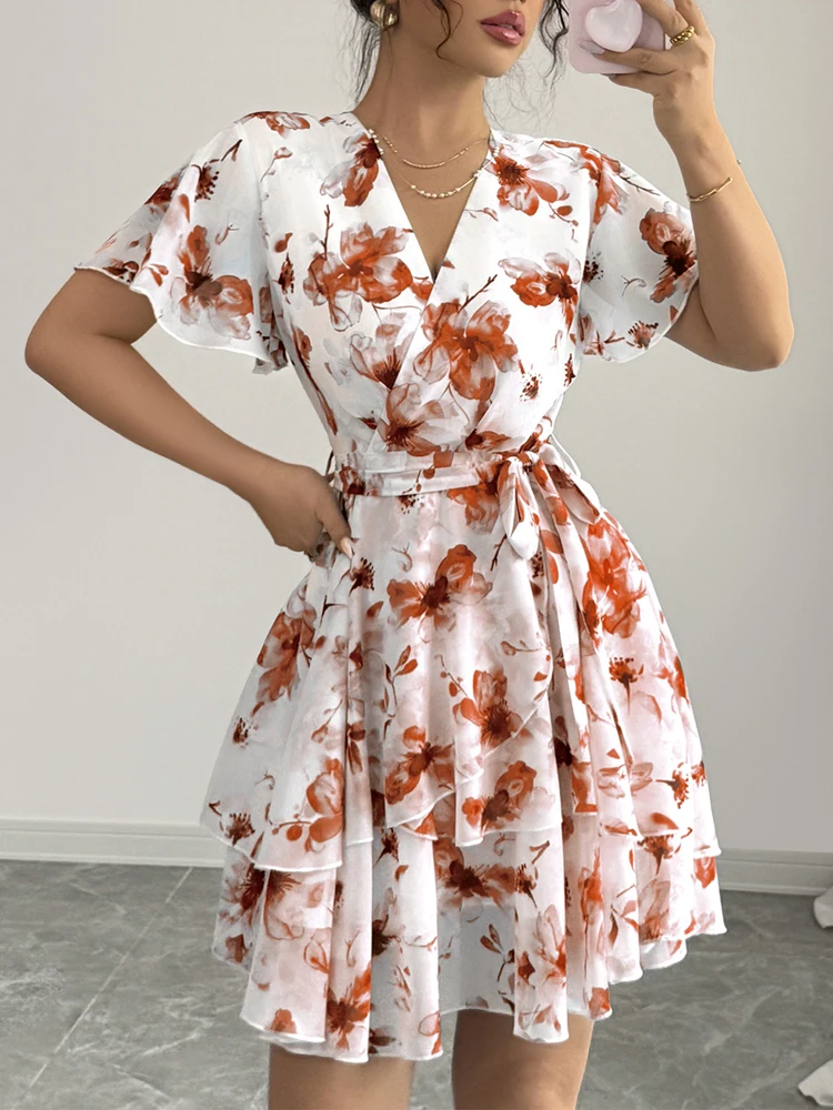Robe à lacets imprimée pour femmes, robe florale, robe décontractée, robes élégantes, robes à manches courtes, robe de vacances, nouvelle mode d'été