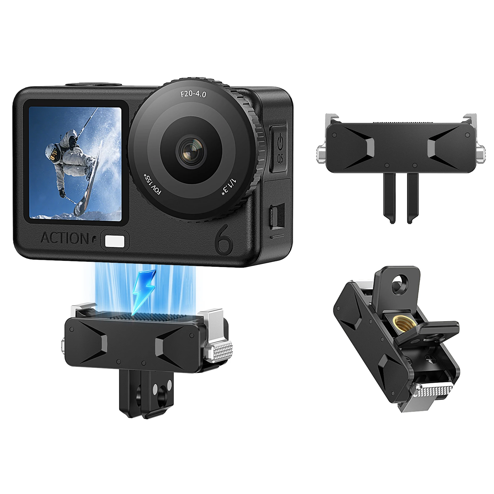 Adaptador de Montaje DJI Osmo Action para 3/4/5 Pro/6/OSMO 360/Nano, Interfaz de Doble Tornillo de 1/4" y Garra para Trípode y Montaje en Cabeza
