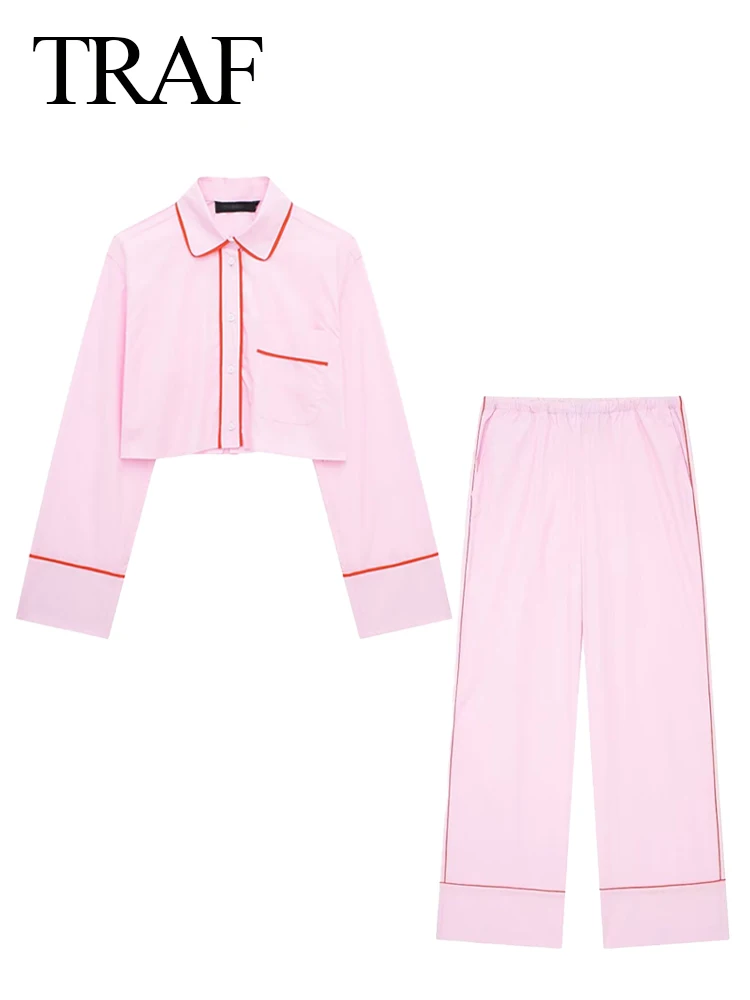 TRAF Spring Woman\'s Fashion Pink Pants Set Long Sleeves Casual Loose Shirts Cropped Tops+Elastic Waist Lace-Up Wide Leg Pants