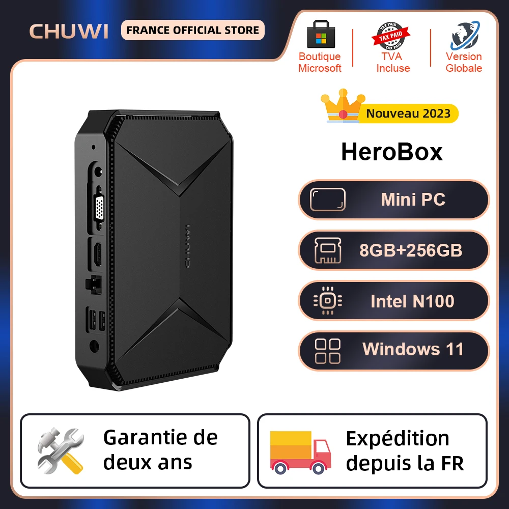 CHUWI Herobox Mini PC Intel 12th N100 Quad Core 8GB LPDDR5 256G SSD Windows 11 Wifi 6 Bluetooth 5.2 Wtih HD Port VGA 3.5mm Port