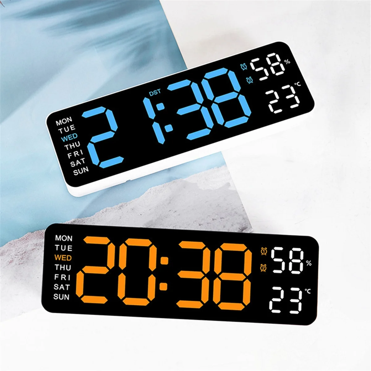 Large Digital Wall Clock Temperature and Humidity Week Display Electronic LED Table Alarm Clock 12/24H Blue