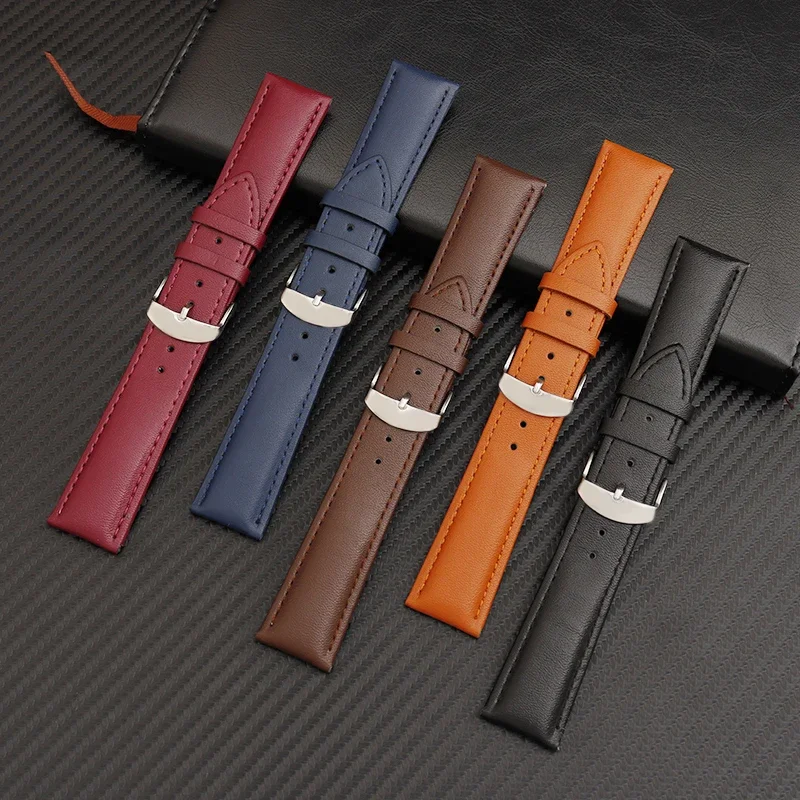 14mm 16mm 18mm 20mm 22mm Genuine Leather Watchband Soft Watch Band Wrist Strap Silver Steel Buckle for Men Women with Tool