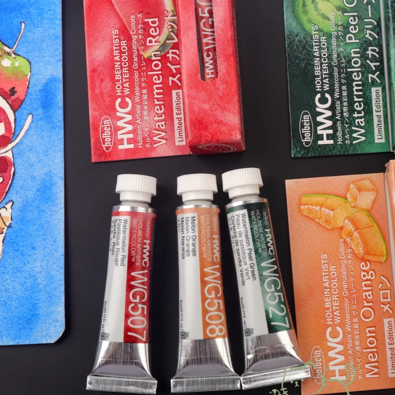 Holbein Summer Limited Watercolor Paint Watermelon Red/Green/Melon Orange Special Granulating Pigment for Painting Art Supplies