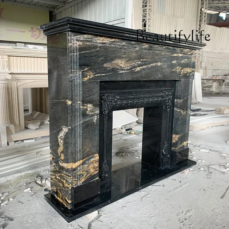 Black gold flower marble fireplace French retro American simple villa living room stone fireplace decoration