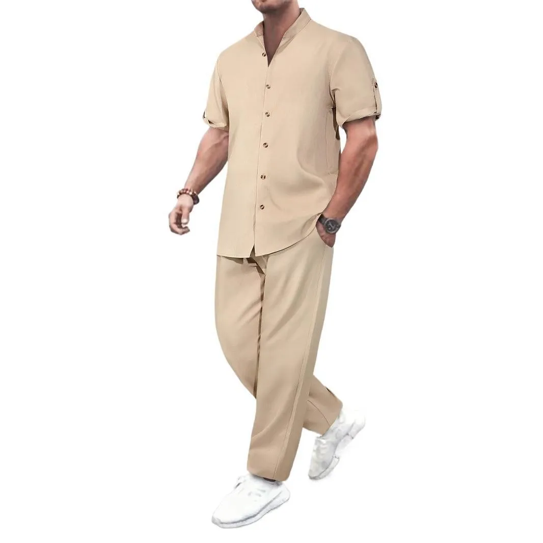 

New Mens Short Sleeve Shirt Pants Set Stand Collar Casual Spring Summer Middle Aged Elderly Home Wear Loungewear Comfortable Out