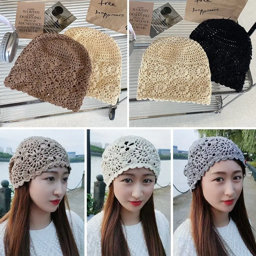 Women's Hollowed Out Knitted Hat Casual Beret Cap Fashion Flowers Breathable Skullies Hat Sun Visor