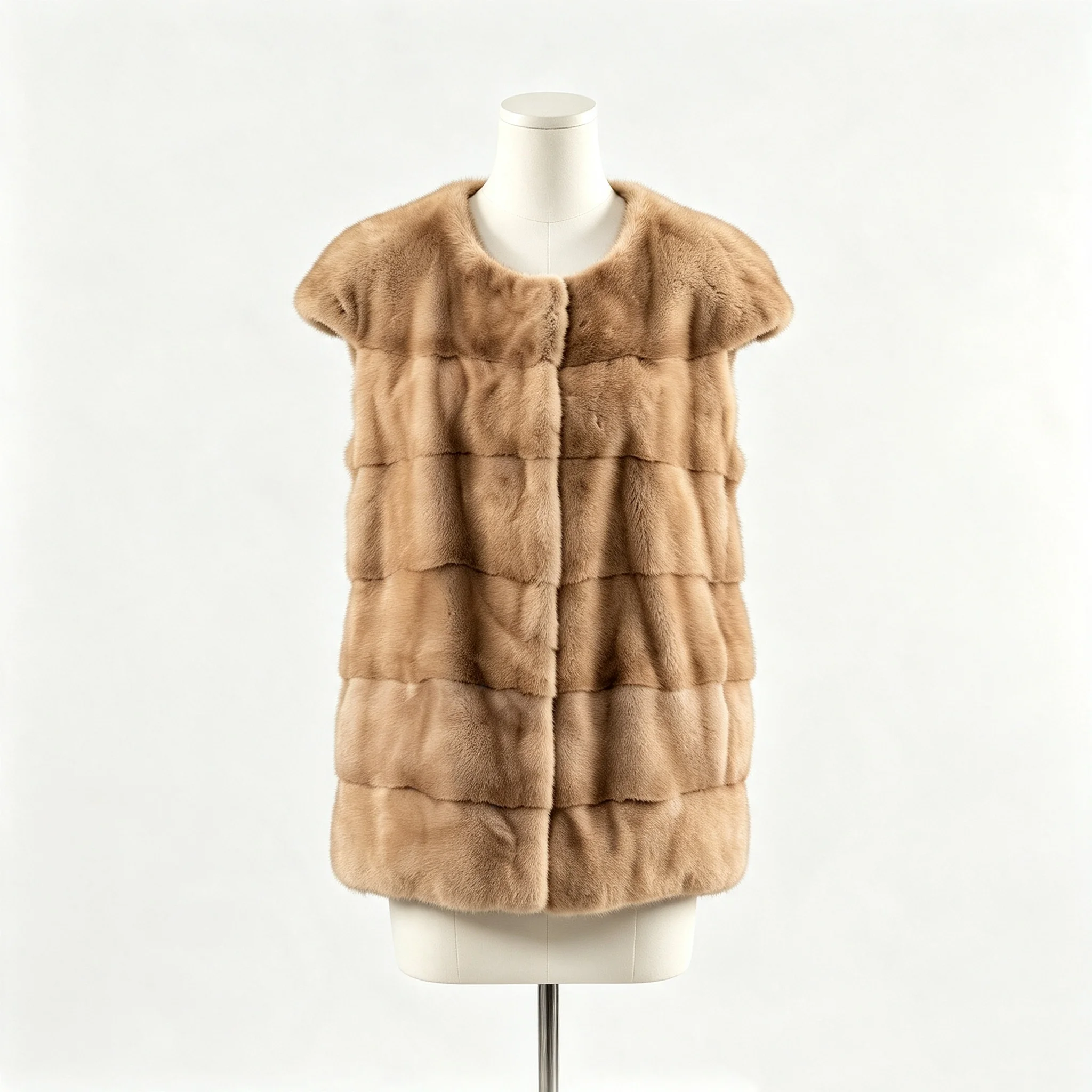 Laur 2026 Women Faux Mink Fur Vest Round Neck Sleeveless Horizontal Stripe Medium Length Winter Fur Waistcoat