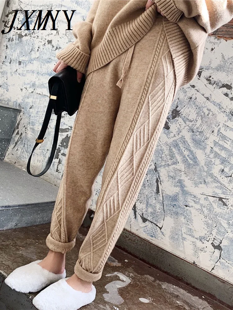 JXMYY-Thick Harem Pants for Women, Casual Drawstring, Twisted Knitted Pants for Female, Chic Warm Sweater Trousers, Winter, 2024