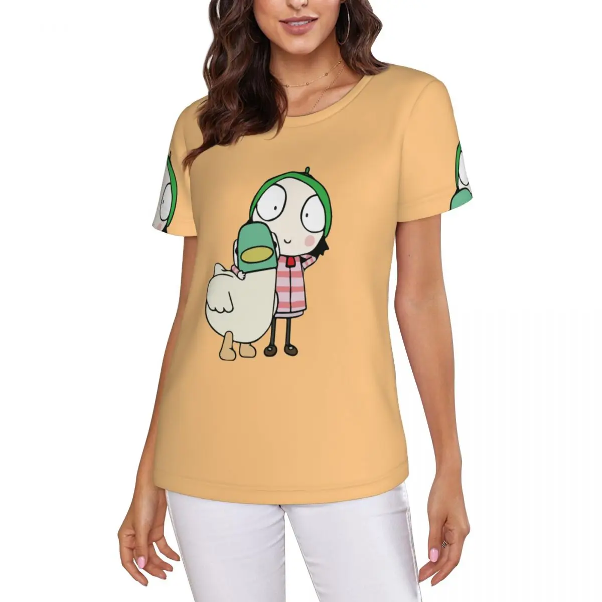Sarah And Duck Having Fun T-Shirt Women Short Sleeve T Shirts Round Neck Clothes Cotton Summer Tees Streetwear