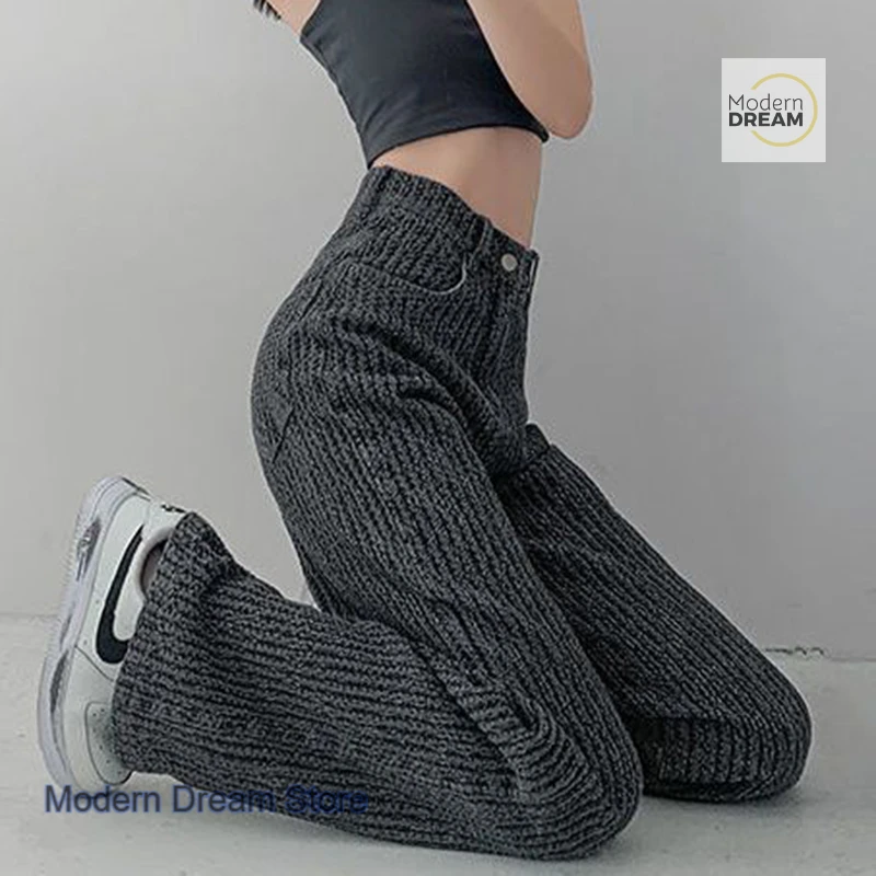 Autumn New Woven Jeans Wide-leg Pants Female Korean Style Fashion Temperament Leisure Students High Waist Mopping Pants