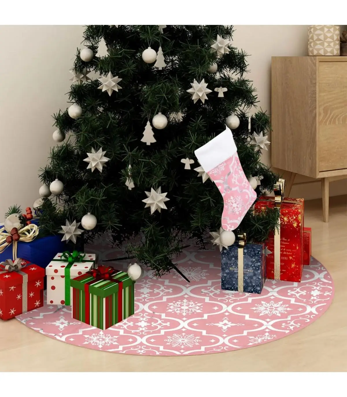 Christmas Tree Cloth Luxury Christmas Tree Skirt with Sock Pink Fabric 90 cm