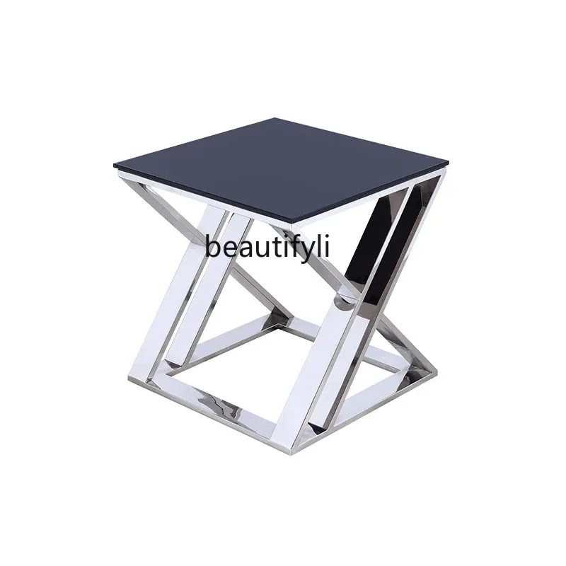 

X0 Italian minimalist creative glass edge few bedroom coffee table living room stainless steel modern sofa square corner few