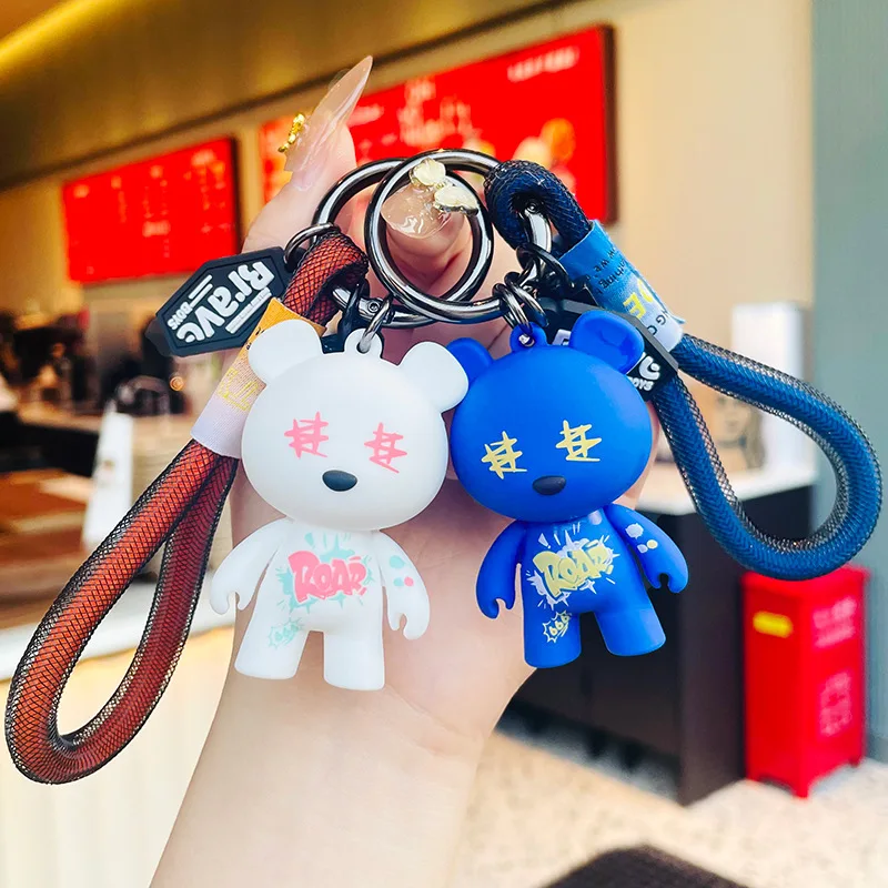 Violent Bear Keychain Small Bell Keyring Trinket Key Ring Cartoon Doll Bear Key Chain Gifts Bag Charm Pendant Sombre Porte Clef