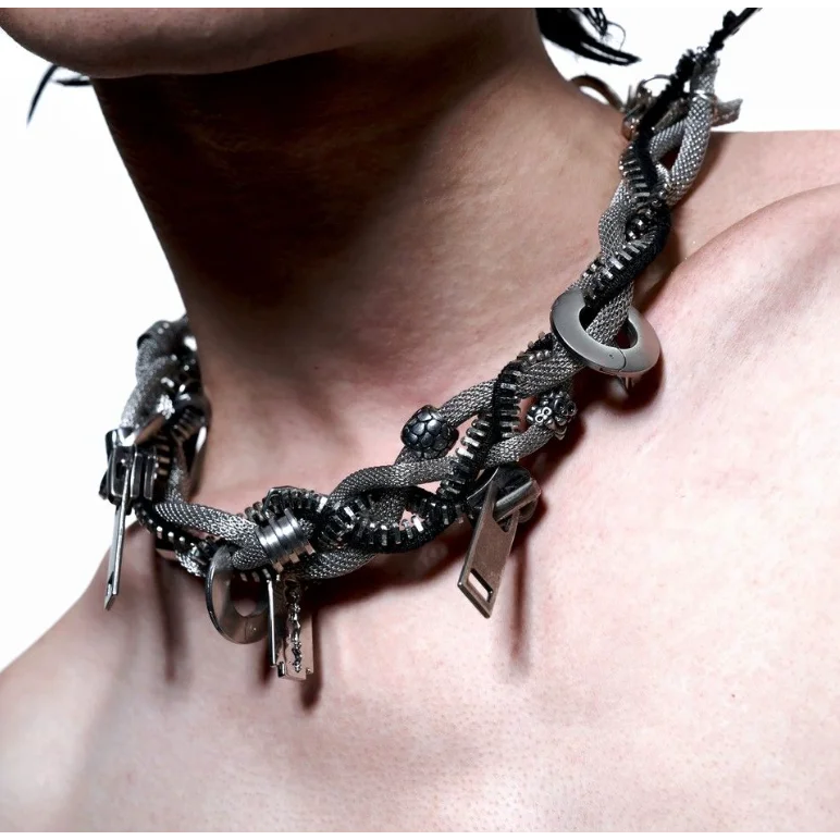 Original Design Super Heavy Duty Metal Mechanical Style Futuristic Necklace with Multiple Wearing Methods