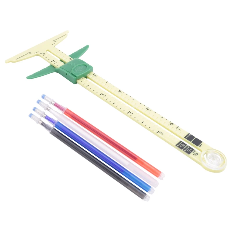 T-Shaped Sliding Gauge Sewing Measurement, Using 4 Colors Of Fabric Thermal Erasing Pen, 5 In 1 Sewing Ruler Tool