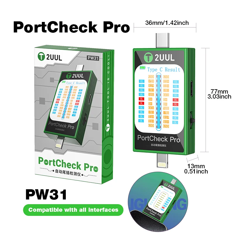 

2UUL PW31 Port Check Tail Plug Dock Connector Tester for Phone, Type-C & Lightning Auto Scanning Detection Repair Tool