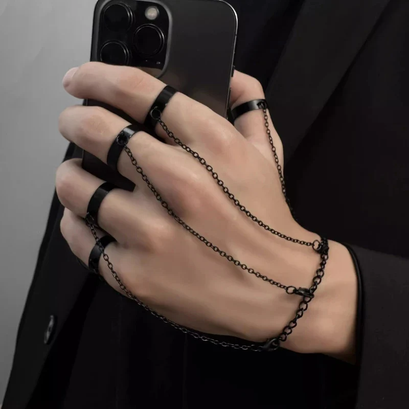 Punk Geometric Black Color Chain Wrist Bracelet Ring For Women Men Open Ring Silver Link Chain Girls Cool Design Fashion Jewelry