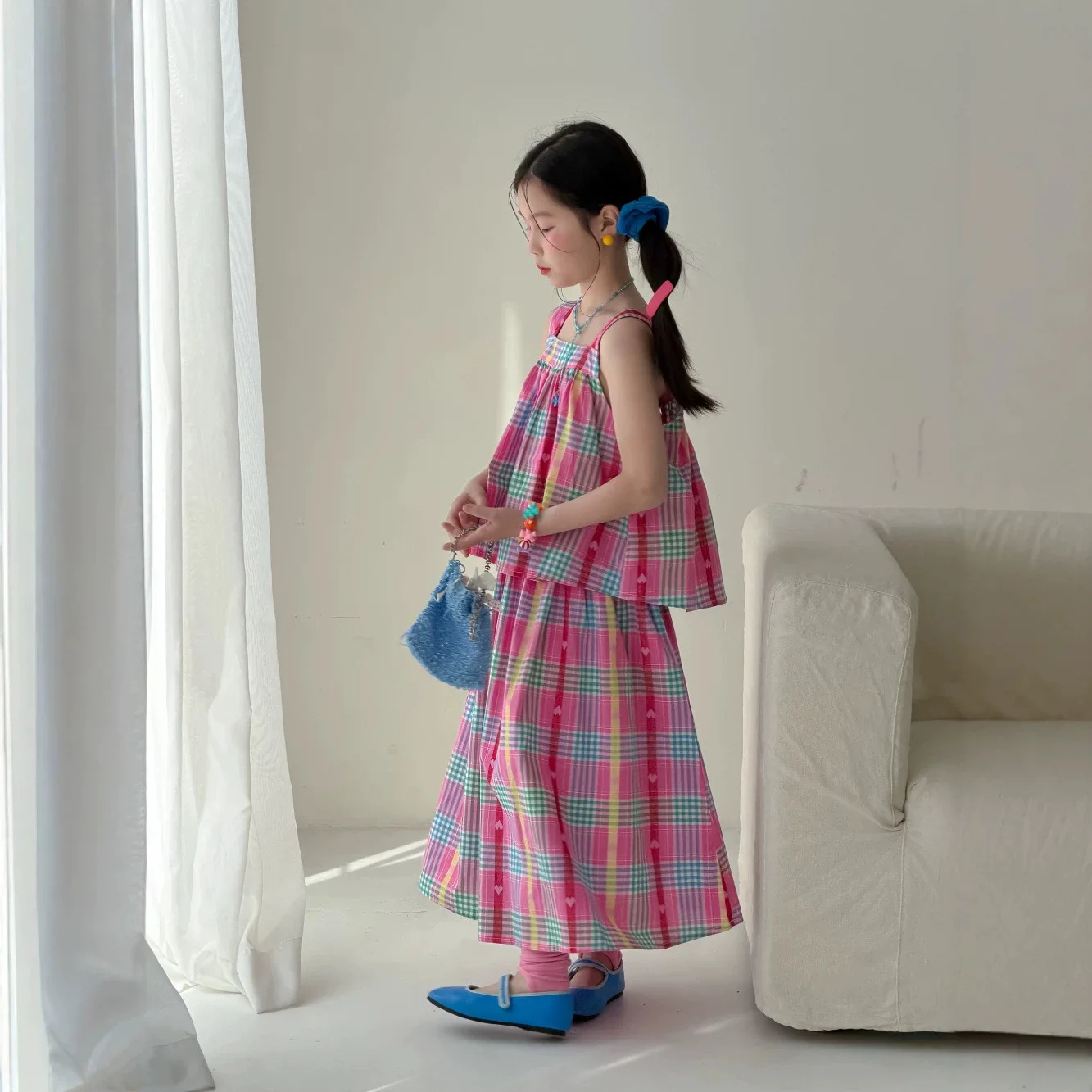 

Childrens Set 2026 Summer Girls Korean Edition Love Grid Two Piece Set Childrens Color Loose Set