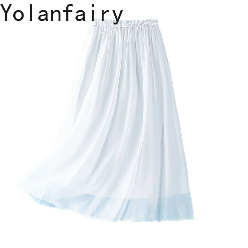 

YOLANFAIRY 100% Real Mulberry Silk Skirts for Women Fashion High Elastic Waist White Skirt Elegant Summer Skirt Streetwear 2026