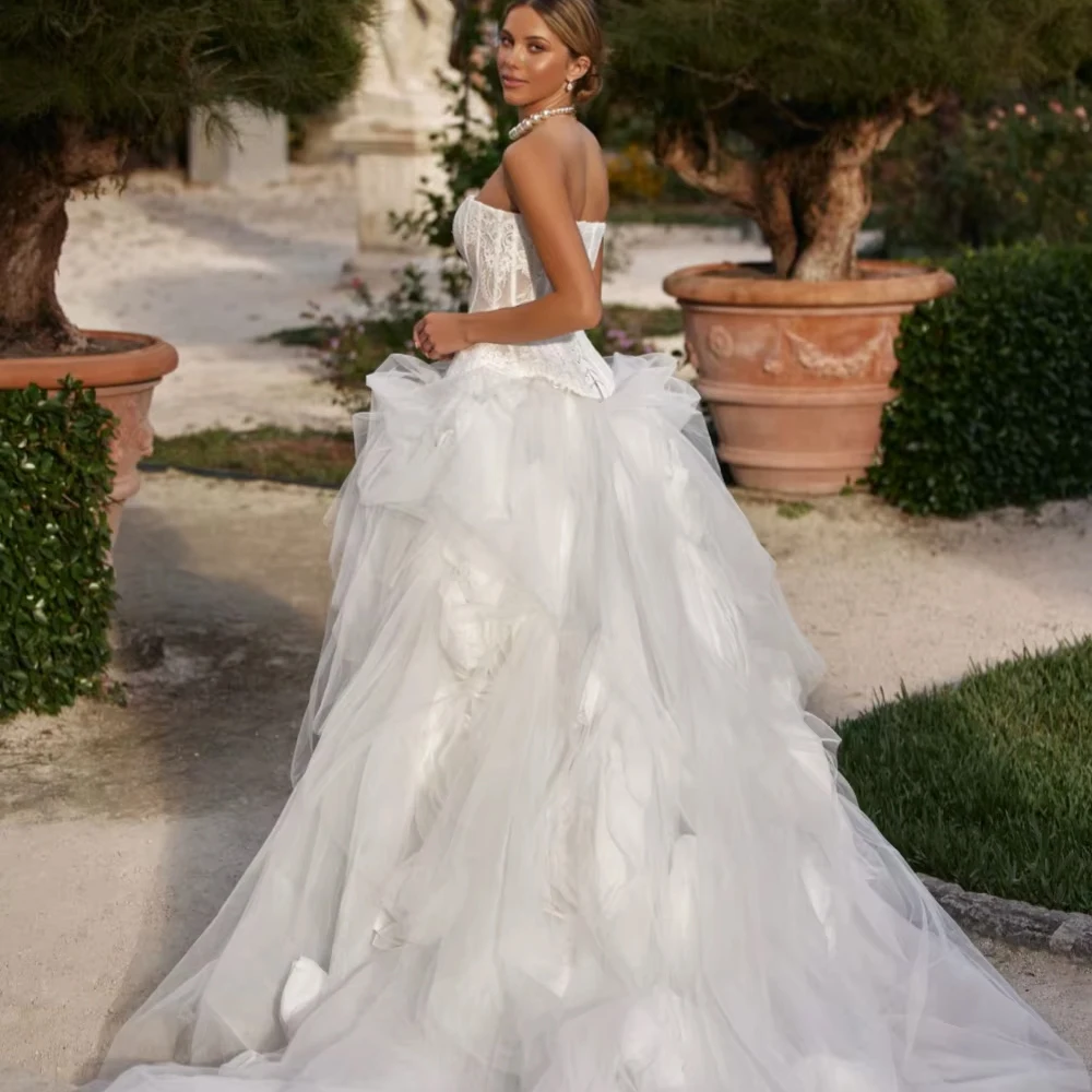 Personalizado romântico elegante 3d flor renda longo vestido de casamento para mulher noiva sonhador sem alças a linha encantador vestido de noiva