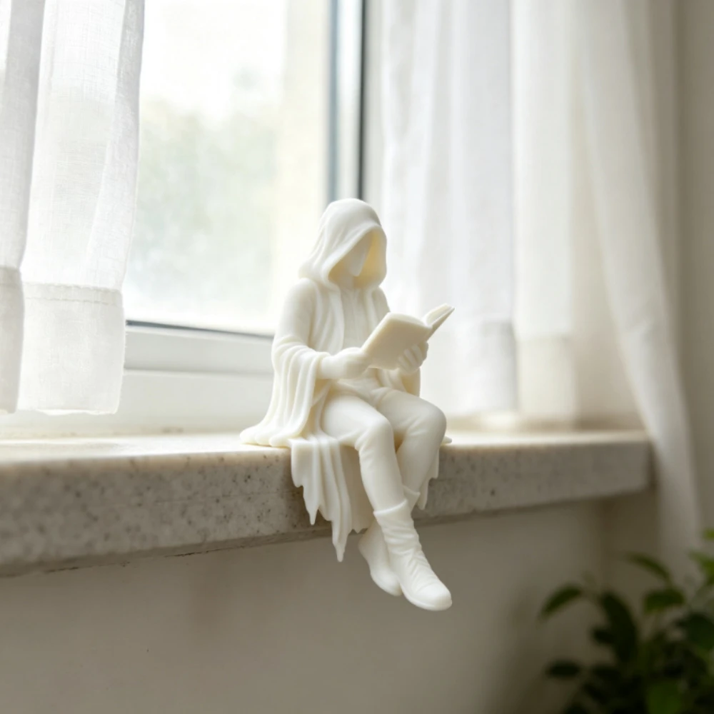 Mysterious Cloak Scholar Shelf Edge Statue 3DPrint Faceless Hooded Figure Reading Book Figurine Dark Academia Desktop Decor Gift