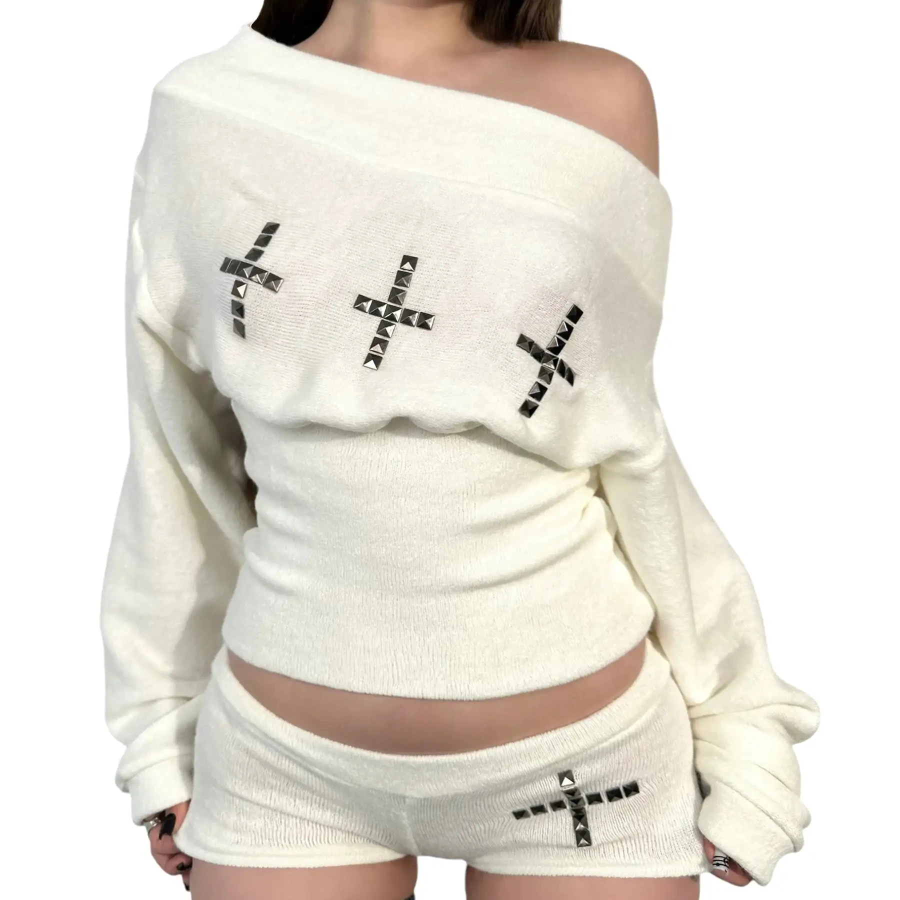 Y2k Gothic Punk Aesthetics Damen 2025, Frühling, Herbst, Emo, Harajuku, Kreuz, 3D-verzierter Druck, schulterfreier Riemen, Langarm-Tops