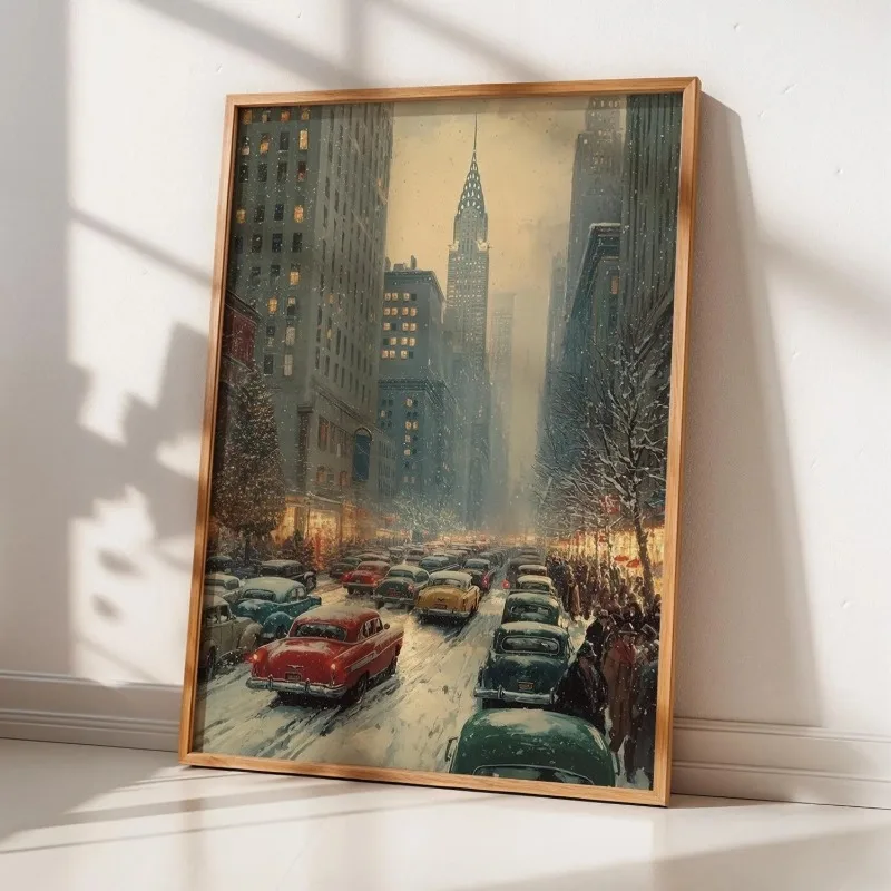 Vintage New York City Christmas Canvas Wall Art Snowy Manhattan Street Cars Winter Holiday Scene Print Unframed Canvas Poster