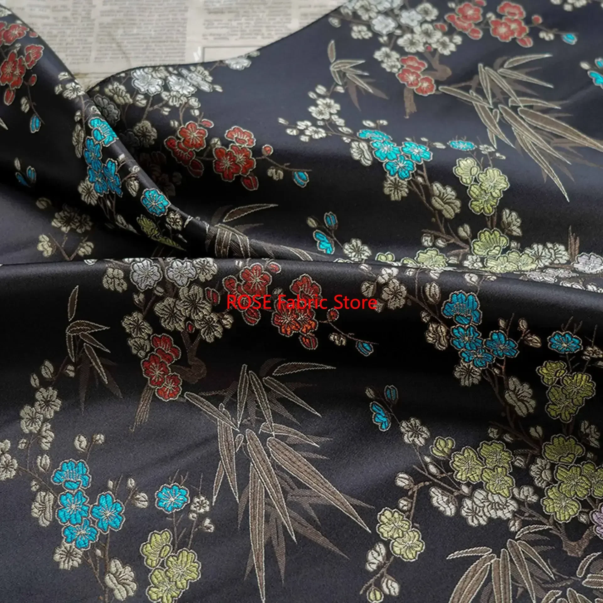 Tessuto jacquard in broccato di raso con foglie di bambù, abito retrò, borsa, tessuto da cucito decorativo