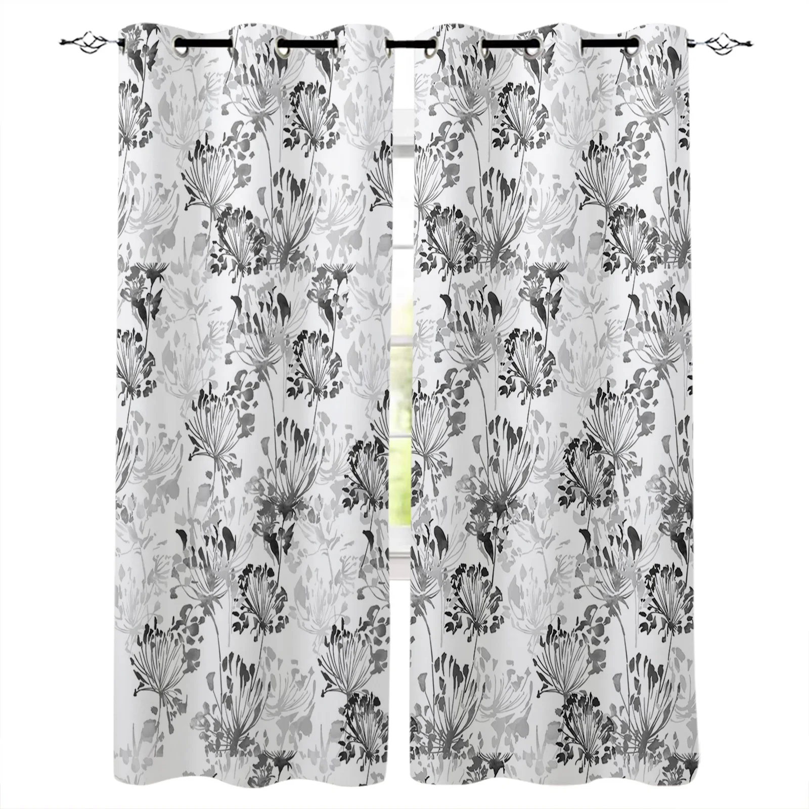 Plant Dandelion Illustration Gray Black Window Curtain Living Room Kitchen Curtain Panel Blackout Curtains For Bedroom