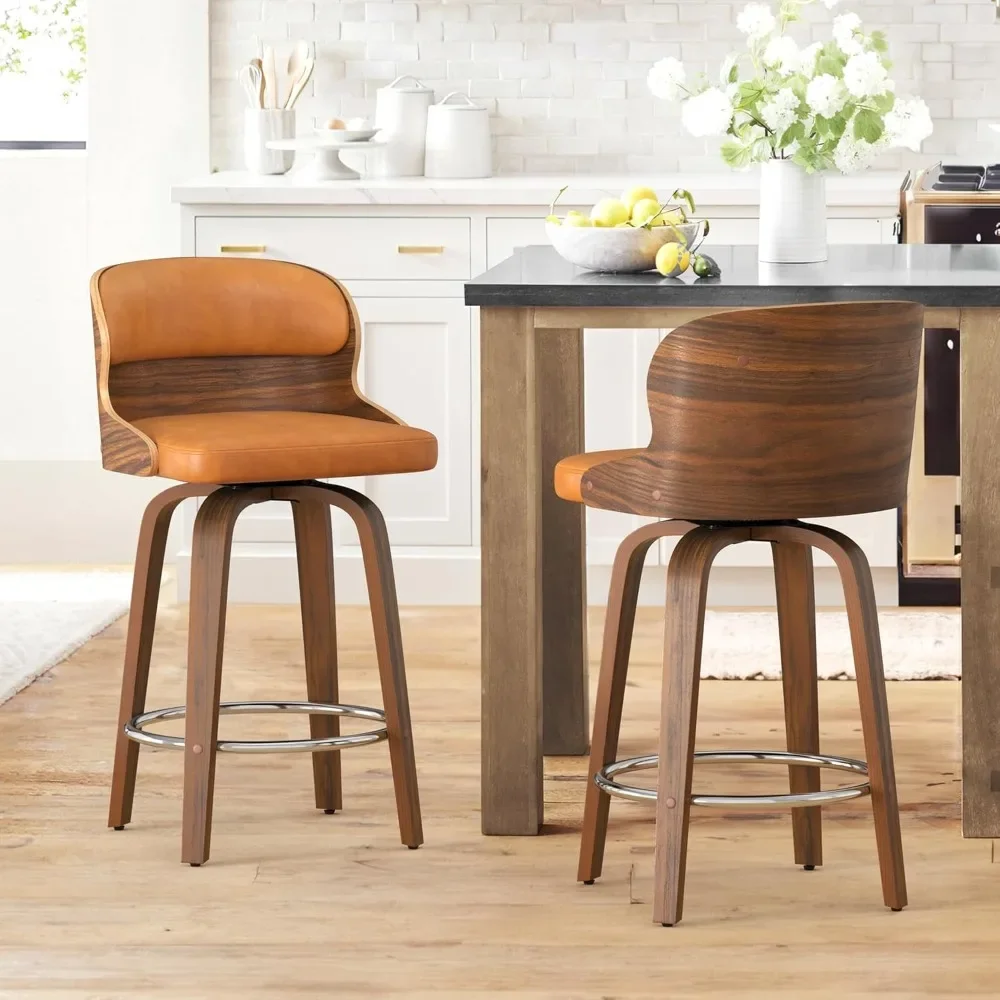 

Bar Stools Set of 2, 26 Inch Bar Chairs with Solid Back, Walnut Finish and Faux Leather Seat, Upholstered Barstools