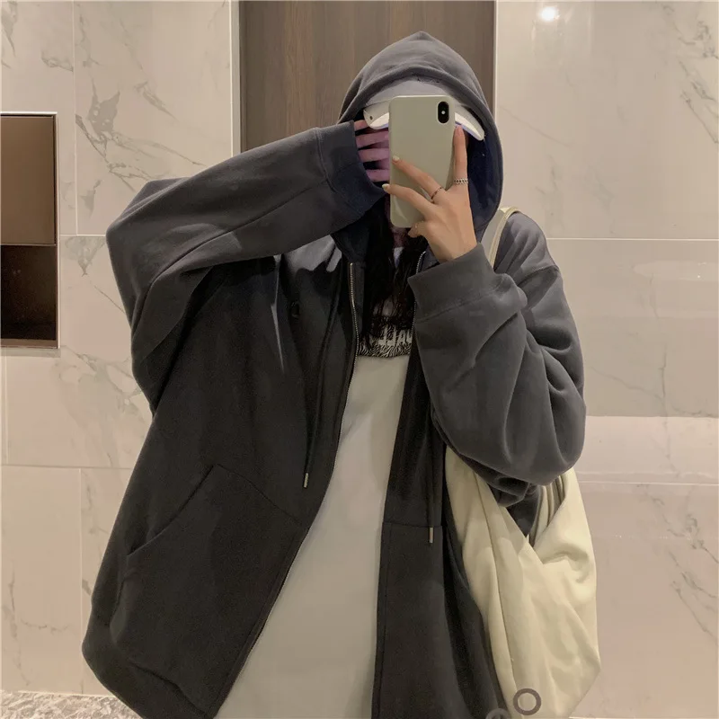 Fashion Women Casual Y2k Zip Up Oversized Hoodie Sweatshirt Female Streetwear Hooded Pocket Zipper Harajuku Sweat Shirt Clothes