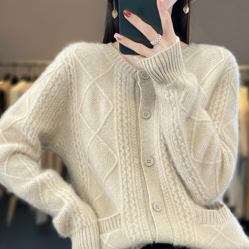 Autumn/Winter womans clothing New 100% Wool Apparel Coat Knitted Round Neck Solid Diamond Cardigan Soft and Fluffy Blouse