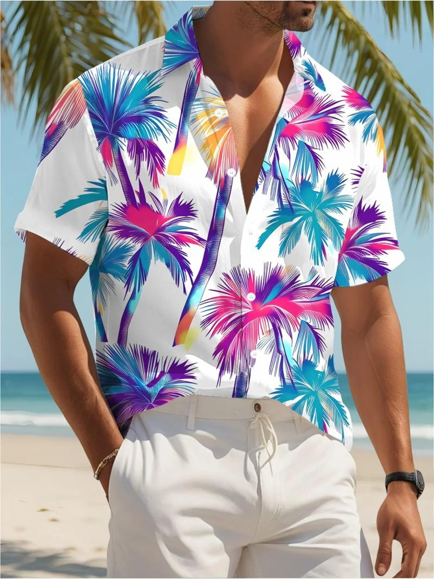 Men's Casual Summer Shirt Hawaiian Man Short Sleeve Fashion Tropical Print Lightweight Beach Party Outfit Tops