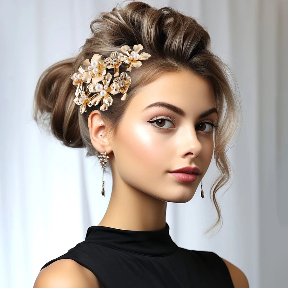 

10/12/16Pcs Gold Pearl Hair Barrettes Aesthetic Alligator Hair Clips Floral Headpiece Floral Pearl Hair Pins Hair Accessories