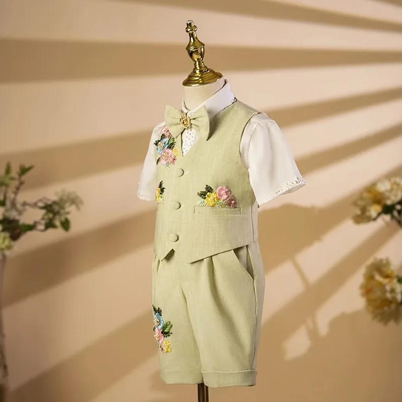 5-teiliges Set: Hellgrüne Weste mit Blumenstickerei für Jungen, Kinder-Hochzeitsanzug, Blumenjungen-Outfit, Geburtstags- und Laufsteg-Kostüm, formelles Party-Outfit A4468 – Detail 5