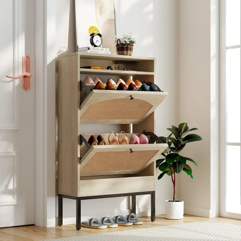 

Shoe Storage Cabinet, Freestanding Organizer with Rattan Doors, Narrow Shoes Rack Cabinets