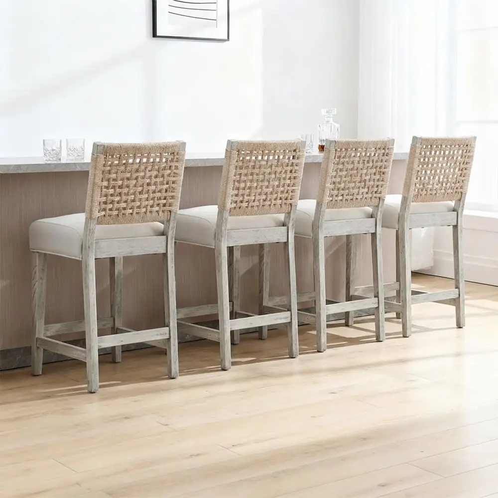

27 Counter Height Bar Stools Set of 4, Farmhouse Wood Barstools with Linen Fabric Seat and Woven Backrest, 6.5in holstered Ba
