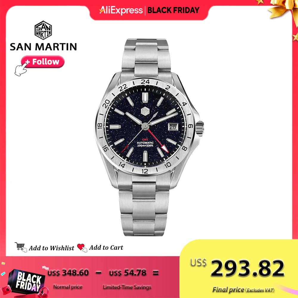 

San Martin 39mm GMT Luxury Men Watch Aventurine Gemstone Dial NH34 Stainless Steel Automatic Mechanical Wristwatch 100m SN0129