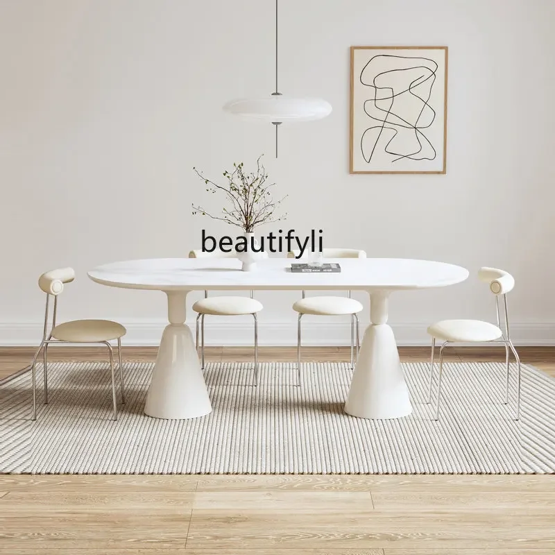 

R11 Restaurant Cream Style Dining Table Oval Dining Table Light Luxury Stone Plate Simple High Sense Small Apartment French Sty
