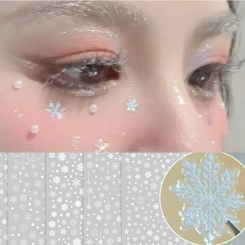 1/6sheet Christmas Face Snowflake Stickers DIY White Snow Temporary Tattoos Eye Body Art Makeup Nail Jewelry Diamonds Decoration