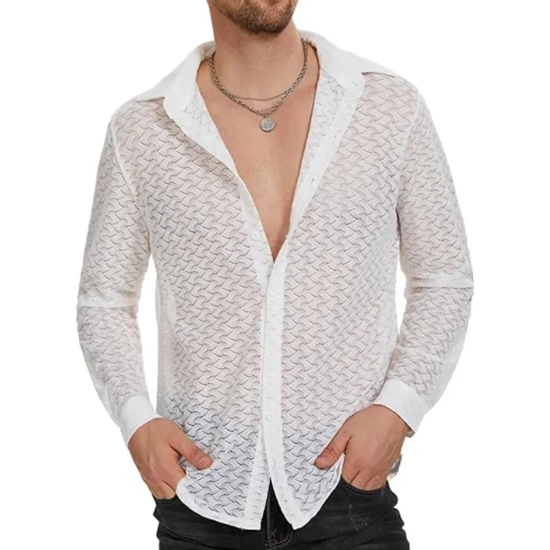 Shirts Sexy Lace Hollow Out Cardigan Sheer Turn Down Collar Men Single Breasted Shirt Long Sleeve Streetwear Male Summer