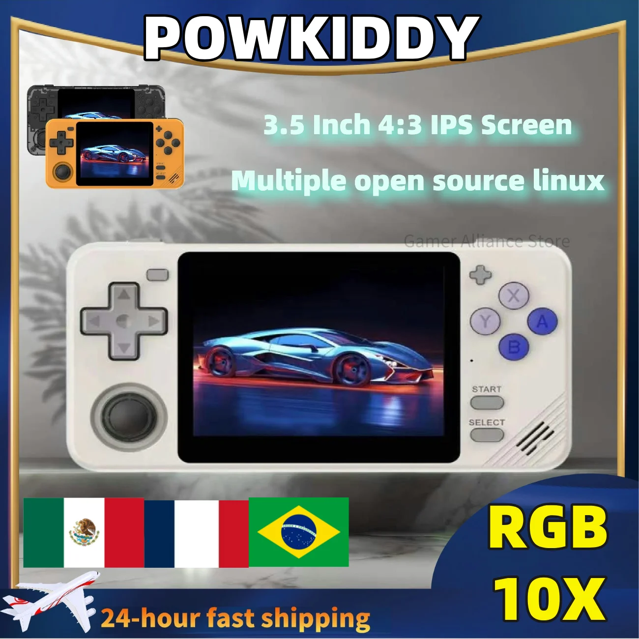 

POWKIDDY RGB10X Ретро портативная игровая консоль, видеоигровые консоли 3,5 дюйма, экран 4:3 IPS, аркосы, операционная система linux, RK3326 подарки