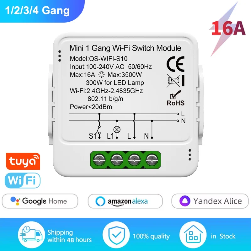 16A Tuya Smart WiFi Switch Modulo 1/2/3/4 Gang Switch Mini Smart Breaker Smart Life Control Supporto Alexa Google Home