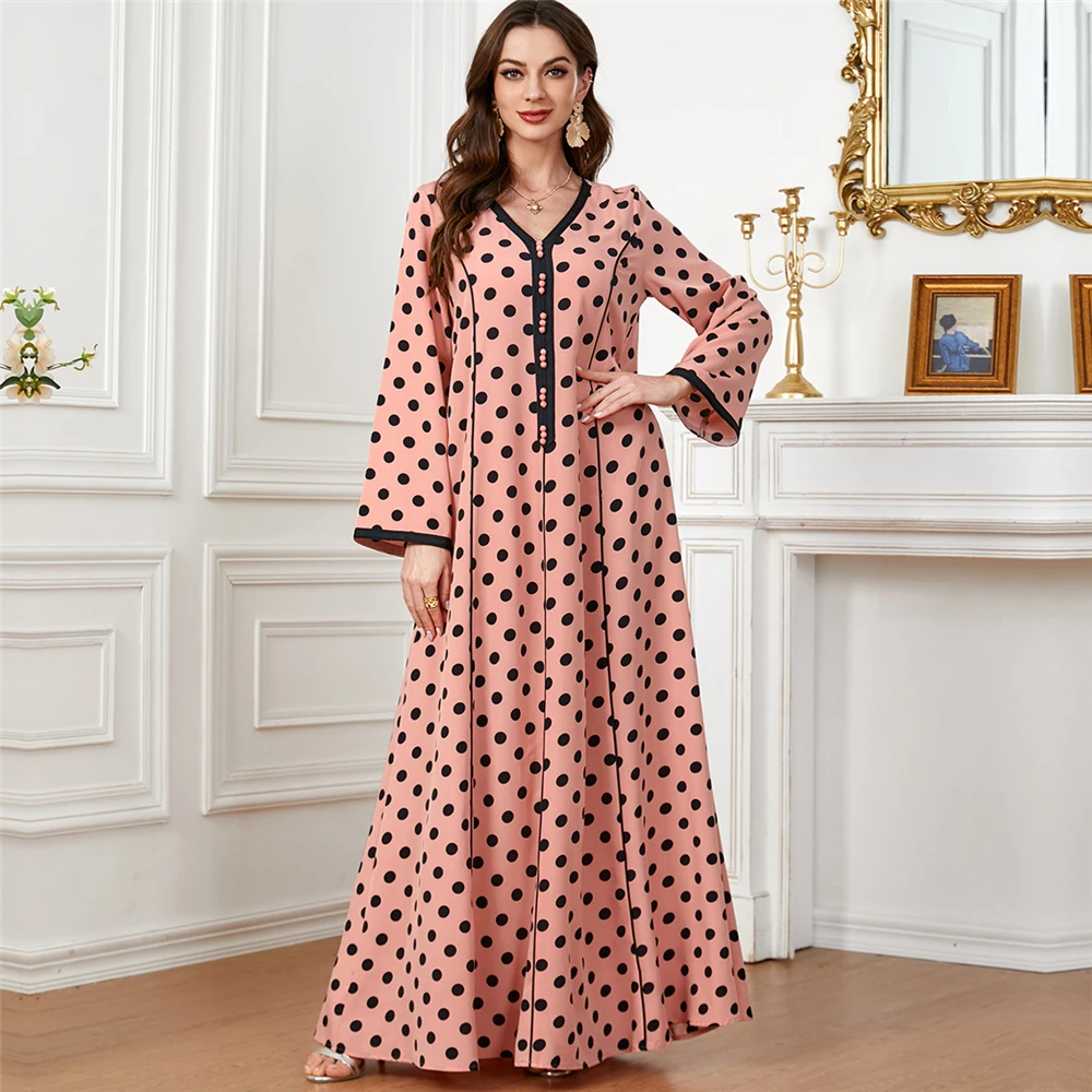 

Moroccan Kaftan Dubai Polka Dot Print Long Woman Evening Dress Traditional Arabic Robe Party Banquet Gulf Jalabiya Muslim Abaya