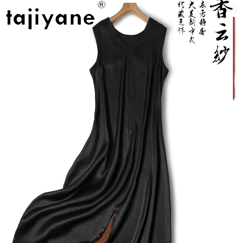 

Tajiyane Mulberry Silk 93% Nylon 7% High End Black Summer Round Neck Sleeveless A-line Women's Dress Пляжное Платье 빅사이즈 여성 의류
