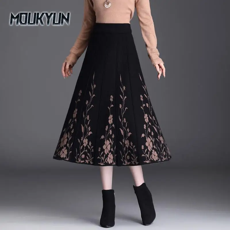 

Knitted Winter Skirt Women Half Skirt Autumn Winter Woolen A-line Large Swing Skirt with Coat Half Skirt Female