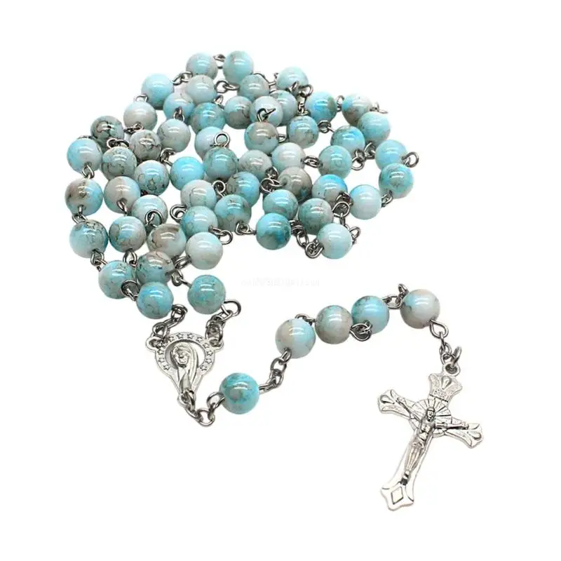 Catholic Crosses Rosary Necklaces Religious Blue Beads Necklaces Party Jewelry Dropship