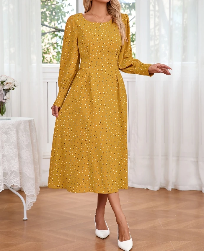 Women's Sweet Dress 2024 Autumn Winter Latest Elegant Small Floral Round Neck Strap Long Sleeve Maxi Dress Large Size Long Skirt