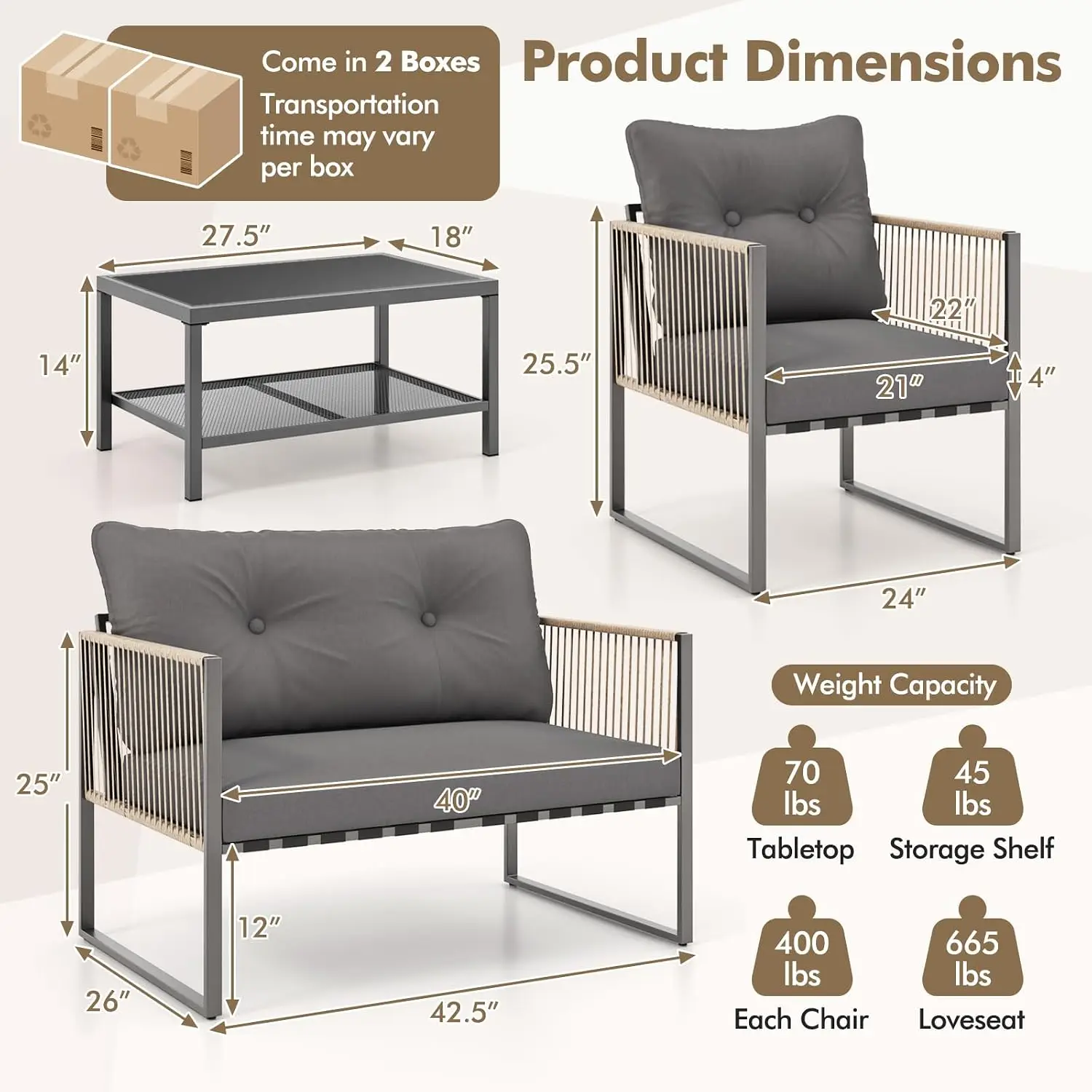 4-Piece PE Rattan Patio Sofa Set with Thick Cushions & 2-Tier Glass Coffee Table for Garden Porch Balcony Backyard, Customized